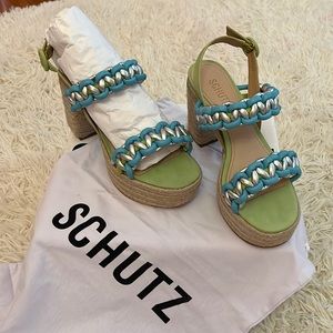 ✨SCHUTZ✨ NEW!!! Juliet platformMetallic braided with lime green & aqua. Size 7.5